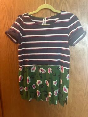 Anthropologie Navy Stripe Top with Pink Accents and Green Floral Trim